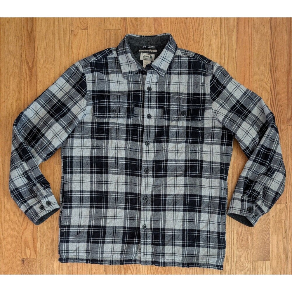 L.L. Bean Flannel Mens Medium Reg Plaid Fleece Lined Button Up 298189 Grey Black